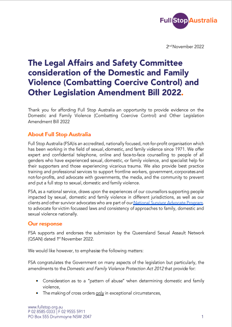 The Legal Affairs and Safety Committee consideration of the Domestic and Family Violence (Combatting Coercive Control) and Other Legislation Amendment Bill 2022